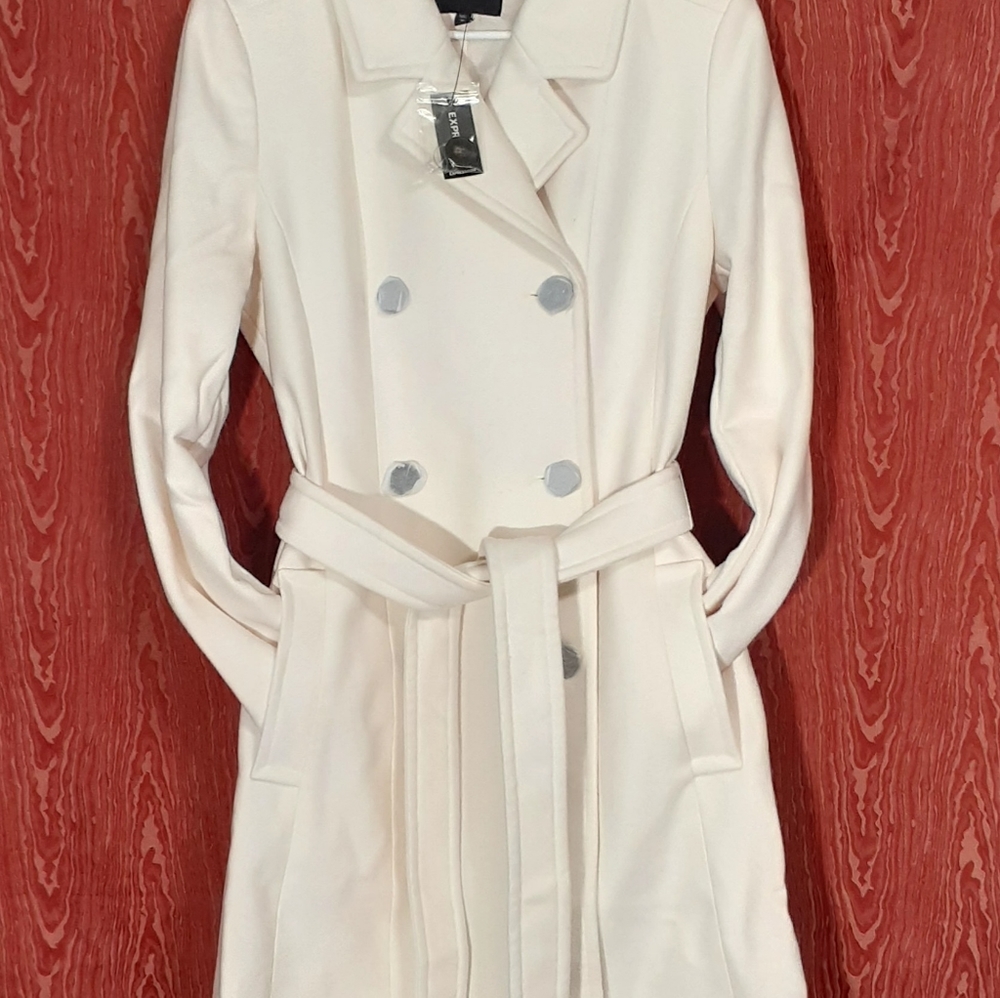 EXPRESS ROSE PINK COAT WOMEN'S SIZE M 54% WOOL 46% POLYESTER KNEE LENGTH BELTED - Picture 8 of 16